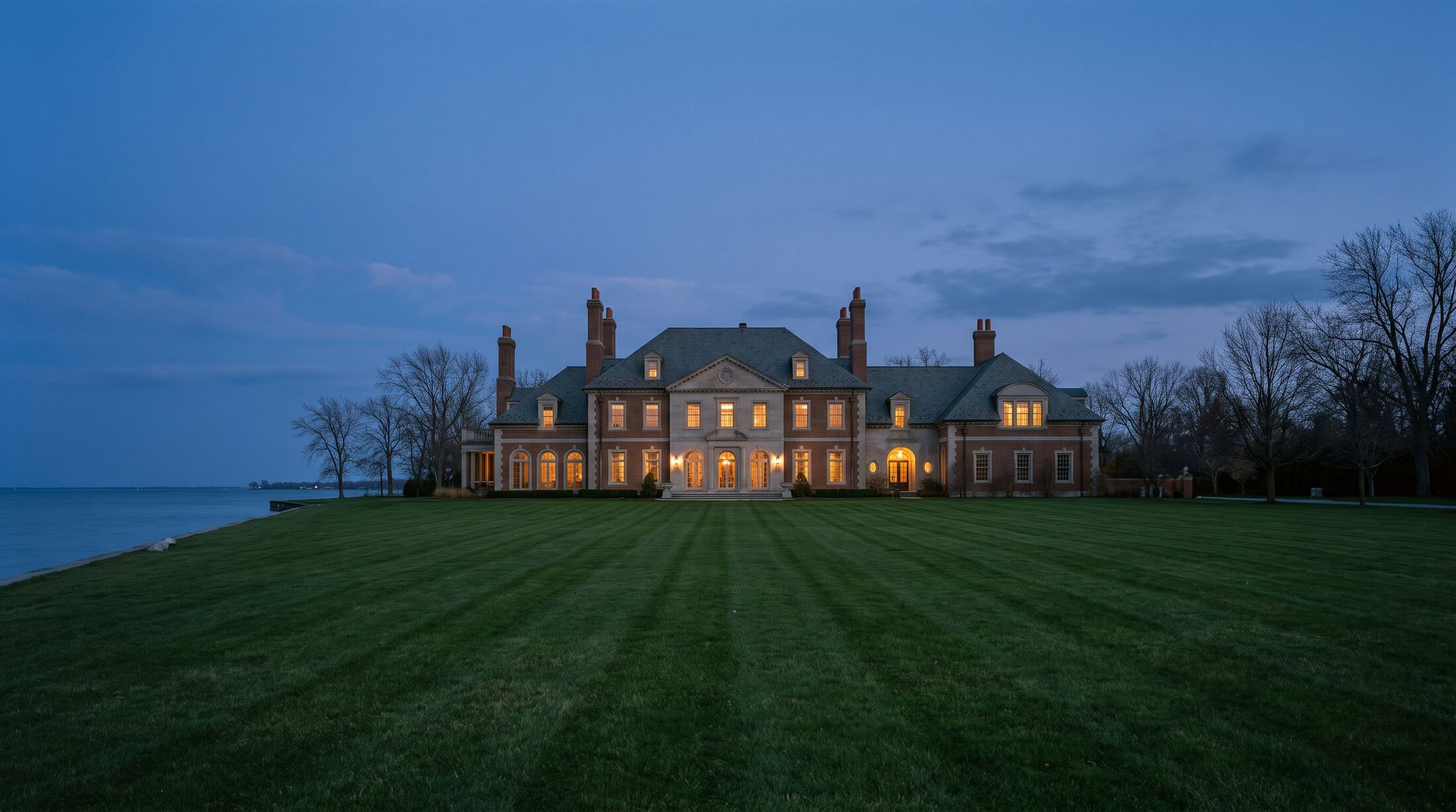Illustration of a Georgian lakefront home with white columns, typical of Grosse Pointe, Michigan