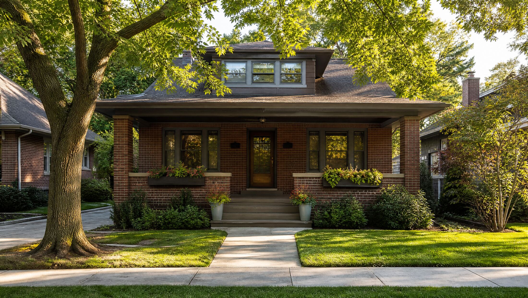 Illustration of a brick bungalow with a deep front porch, typical of Royal Oak, Michigan