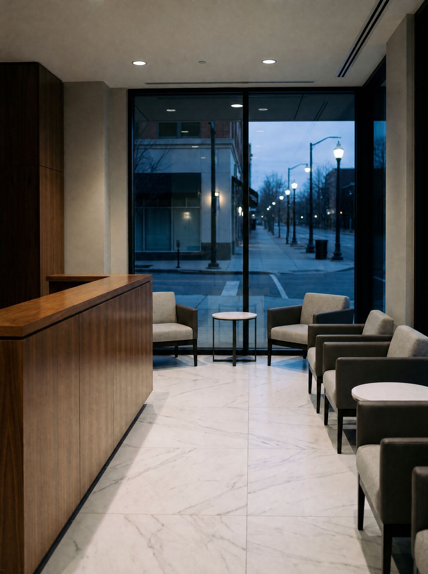 Illustration of a dental suite reception after hours, polished floors and a clean front counter