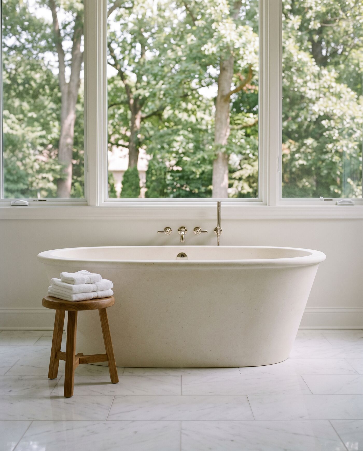 Illustration of a bright primary bathroom with a freestanding stone tub and folded white towels