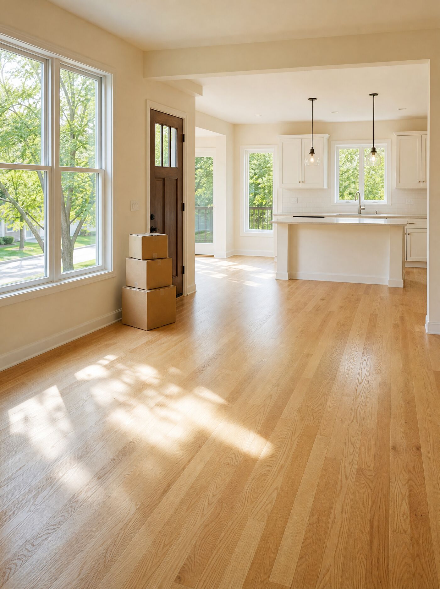 Illustration of an empty living room and kitchen on move-in day, oak floors and tall windows