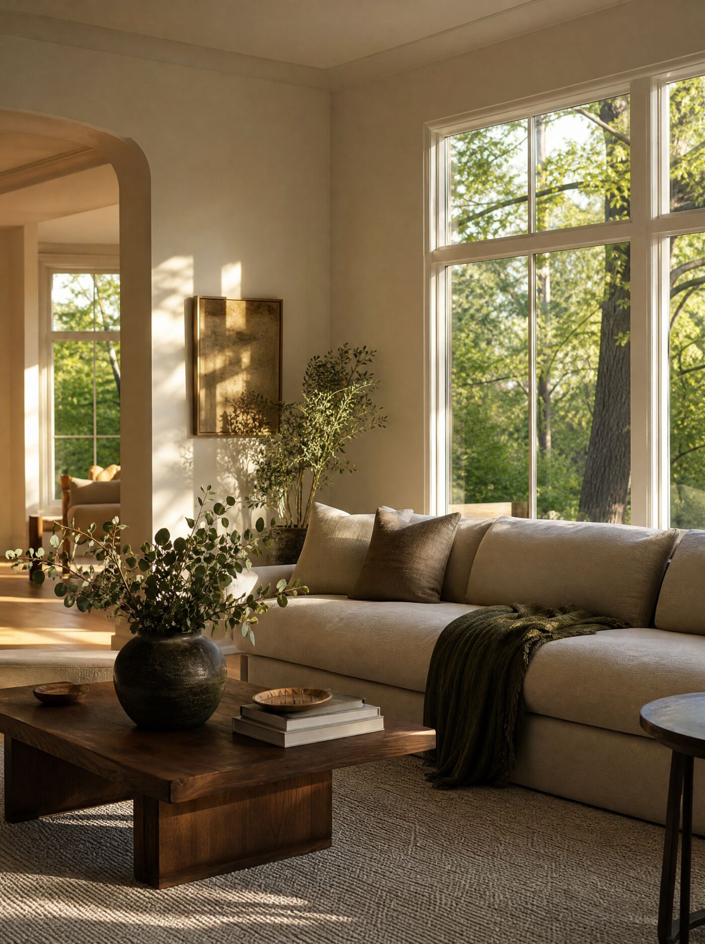 Illustration of a sunlit living room with ivory walls, white oak floors and a linen sofa
