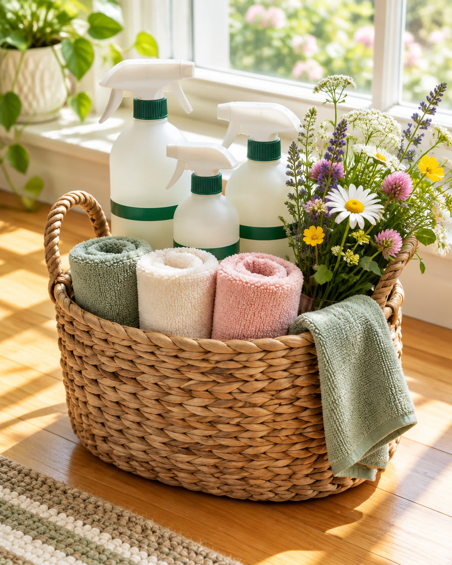 A woven cleaning caddy with ivory spray bottles, rolled cloths and wildflowers