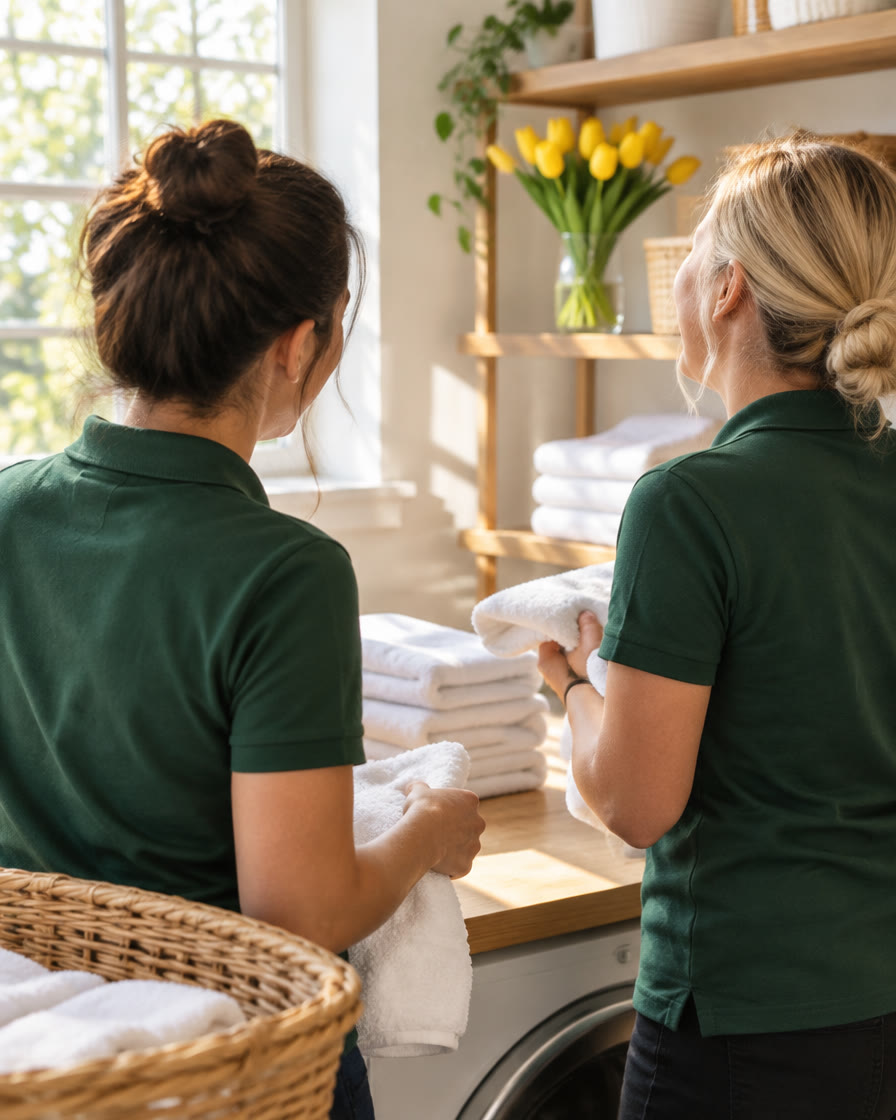 Two teammates in forest polos laughing while folding white towels